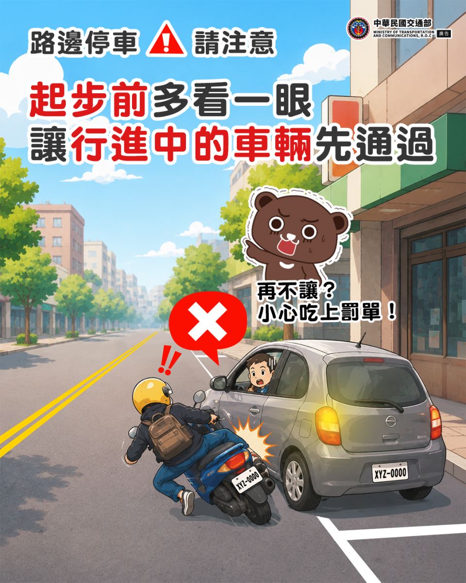 路邊停車請注意！起步前多看一眼!讓行進中的車輛先通過！