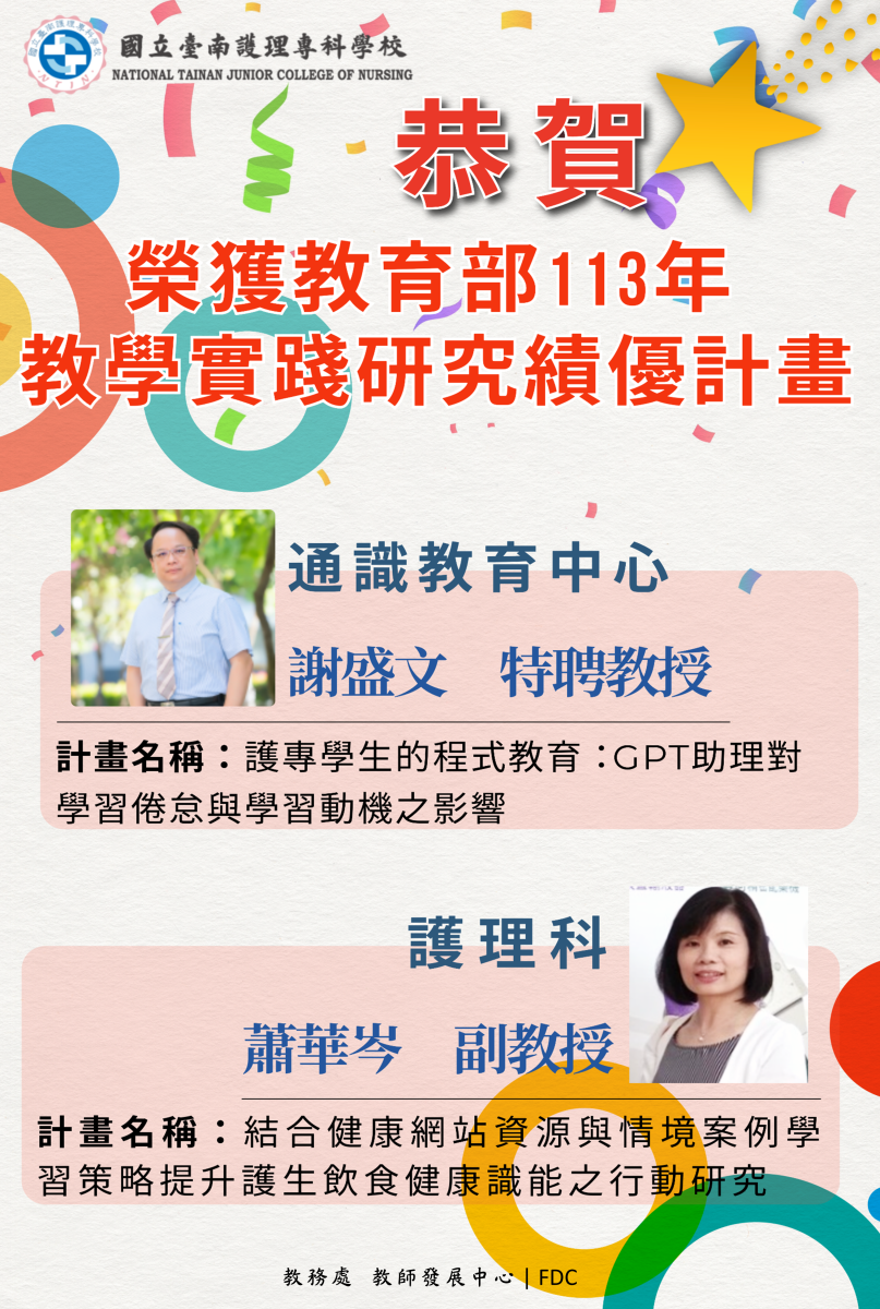 恭賀! 本校通識教育中心謝盛文特聘教授、護理科蕭華岑副教授榮獲教育部113年度大專院校教學實踐研究績優計畫!