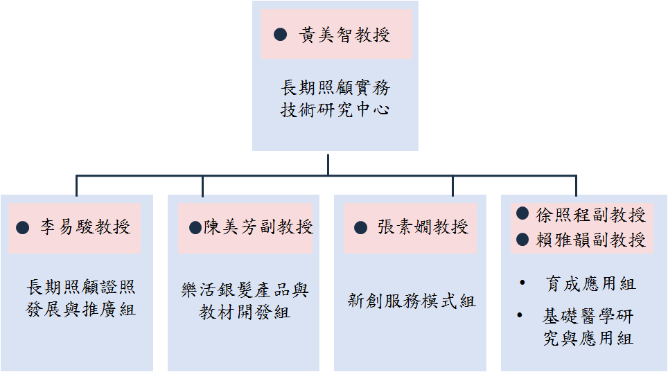 長期照顧實務技術研究中心組    姓名：黃美智  最高學歷：美國華盛頓大學(西雅圖)護理博士  職稱：校長  學術專長：  兒科慢性疾病家庭照護、早產兒發展性照護、遺傳護理、嬰幼兒童保健、跨文化照護、護理教育、生命倫理、研究倫理  E-MAIL：president@mail.ntin.edu.tw  校內分機：(06)2110550      長期照顧證照發展與推廣組    姓名：李易駿(召集人)  最高學歷：國立暨南大學國際大學社會政策與社會工作學系博士  職稱：老人服務事業科教授兼副校長  專長：社會工作實務、貧窮問題、社會福利理論、社會福利發展  E-MAIL：yjlee@ntin.edu.tw  校內分機：06-2112050      樂活銀髮產品與教材開發組    姓名：陳美芳(召集人)  最高學歷：高雄醫學大學博士  職稱：副教授  專長：急症護理  E-MAIL：meifang0302@mail.ntin.edu.tw 校內分機：(06)2110900#280     新創服務模式組    姓名：張素嫺(召集人)  最高學歷：University of Arizona 護理學院 博士  職稱：教授兼研究發展處主任  專長：長期照顧、老人照顧、內外科護理　  E-MAIL：suhsian@yahoo.com  校內分機： 06-2110600 #326      育成應用組與基礎醫學研究應用組    姓名：徐照程(召集人)  最高學歷：國立台灣大學化學研究所博士  職稱：副教授  專長：化妝品檢驗、功效性分析界面化學、天然物化妝學、奈米科技、生物科技  E-MAIL：jchsu21@gmail.com  校內分機： 06-2110600 #743    姓名:賴雅韻(召集人)  最高學歷：中國醫藥大學藥物化學所 藥學博士  職稱：副教授兼任秘書室主任  專長：藥物化學、藥物分析、藥劑學  E-MAIL：yayun819@ntin.edu.tw  校內分機： 06-2110600 #742